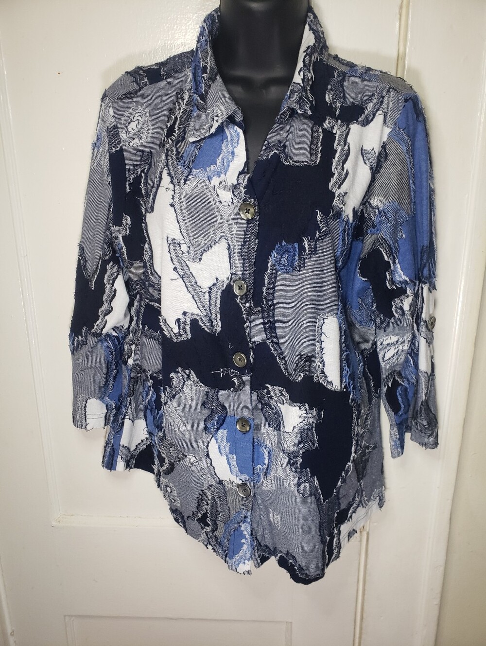 Parsley & Sage Womens L Button Shirt Blue Patchwork Raw Hem Abstract Blouse Top